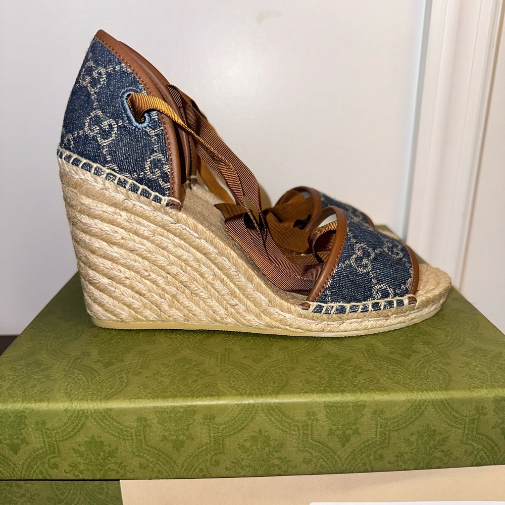 Gucci Denim/Leather Espadrille Wedges